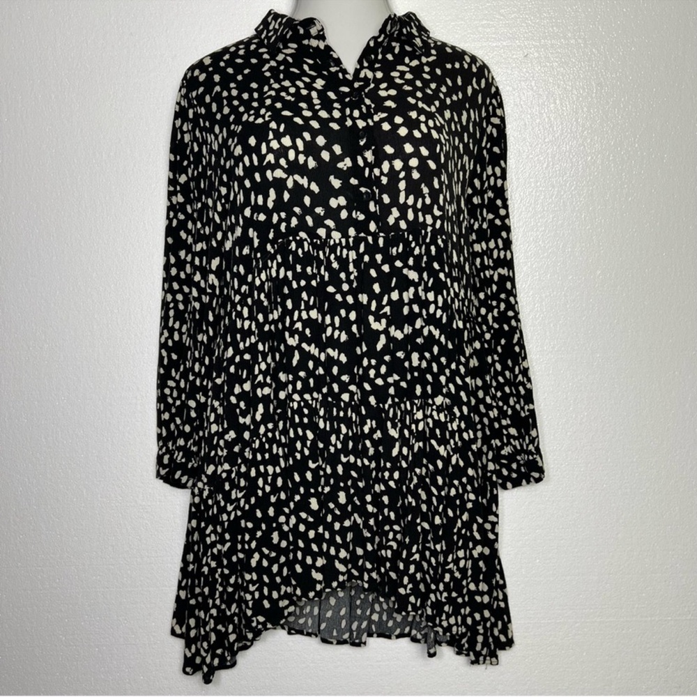 EASEL BLACK HEART PRINT Tiered Ruffle Button DRESS/TUNIC size L - Picture 2 of 7